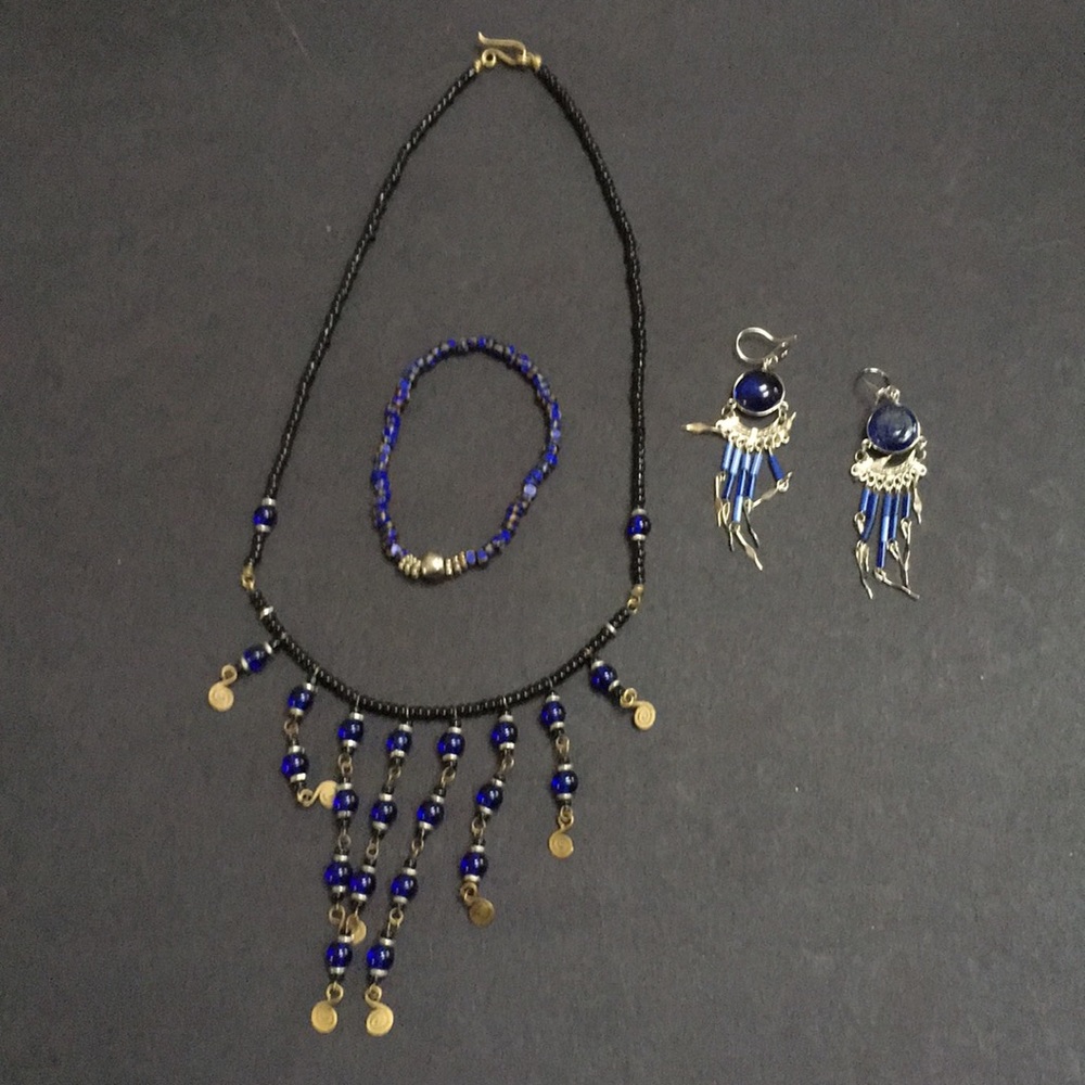 3 piece set necklace bracelet earrings navy blue